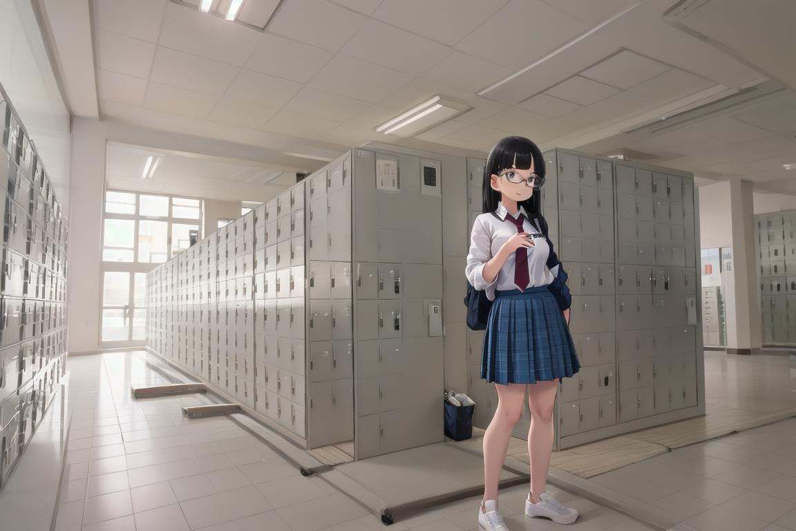 best quality, ultra-detailed, illustration,getabako, scenery, locker, indoors, school, window, hallway, ceiling light, sunlight, ceiling, tiles, reflective floor, tile floor, door, multiple girls, glasses, black hair, long hair, standing, red necktie, pantyhose, white shirt, shoes, school uniform, blue skirt, collared shirt, <lora:getabako2_SD15_V1_DIM4:1>