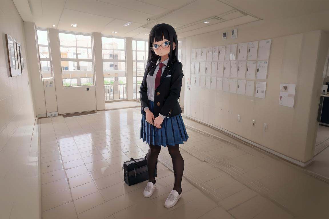 best quality, ultra-detailed, illustration,getabako, scenery, window, indoors, building, door, tree, daymultiple girls, glasses, black hair, long hair, standing, red necktie, pantyhose, white shirt, shoes, school uniform, blue skirt, collared shirt, <lora:getabako2_SD15_V1_DIM4:1>