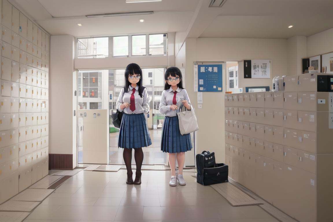 best quality, ultra-detailed, illustration,getabako, scenery, window, indoors, building, door, tree, day, multiple girls, glasses, black hair, long hair, standing, red necktie, pantyhose, white shirt, shoes, school uniform, blue skirt, collared shirt, <lora:getabako2_SD15_V1_DIM4:1>