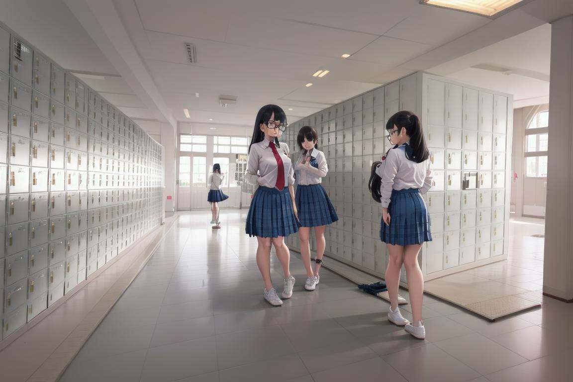 best quality, ultra-detailed, illustration,getabako, scenery, locker, indoors, school, window, hallway, ceiling light, sunlight, ceiling, tiles, reflective floor, tile floor, door, multiple girls, glasses, black hair, long hair, standing, red necktie, pantyhose, white shirt, shoes, school uniform, blue skirt, collared shirt, <lora:getabako2_SD15_V1_DIM4:1>