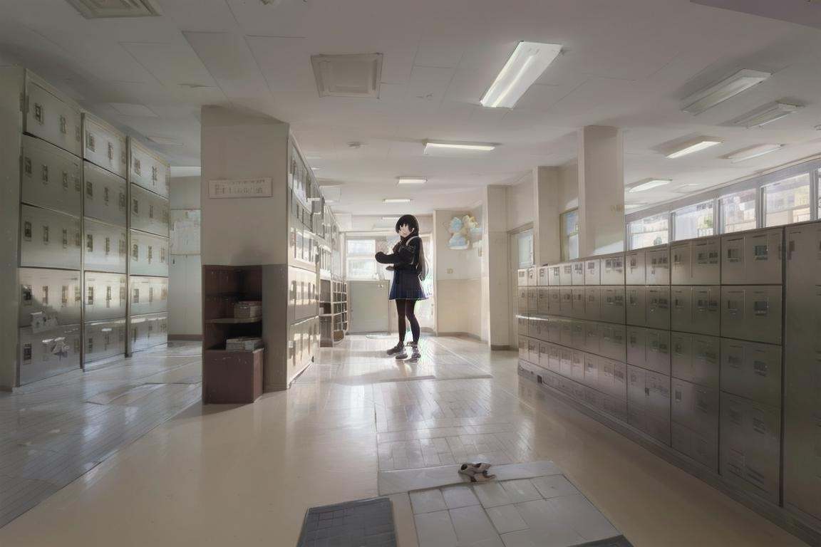 best quality, ultra-detailed, illustration,getabako, scenery, locker, indoors, school, window, hallway, ceiling light, sunlight, ceiling, tiles, reflective floor, tile floor, doormultiple girls, glasses, black hair, long hair, standing, red necktie, pantyhose, white shirt, shoes, school uniform, blue skirt, collared shirt, <lora:getabako1_SD15_V1_DIM4:1>