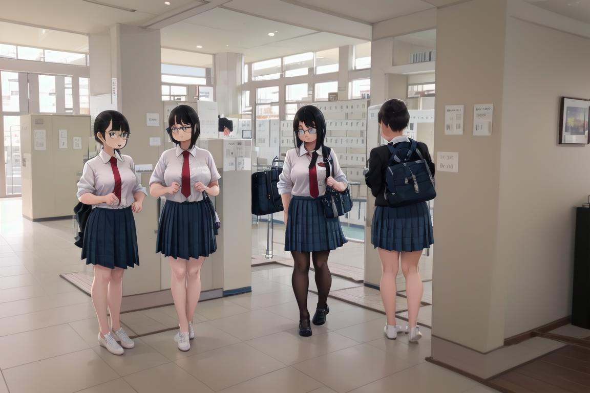 best quality, ultra-detailed, illustration,multiple girls, glasses, black hair, long hair, standing, red necktie, pantyhose, white shirt, shoes, school uniform, blue skirt, collared shirt,getabako, scenery, window, building, door <lora:getabako2_SD15_V1:1>