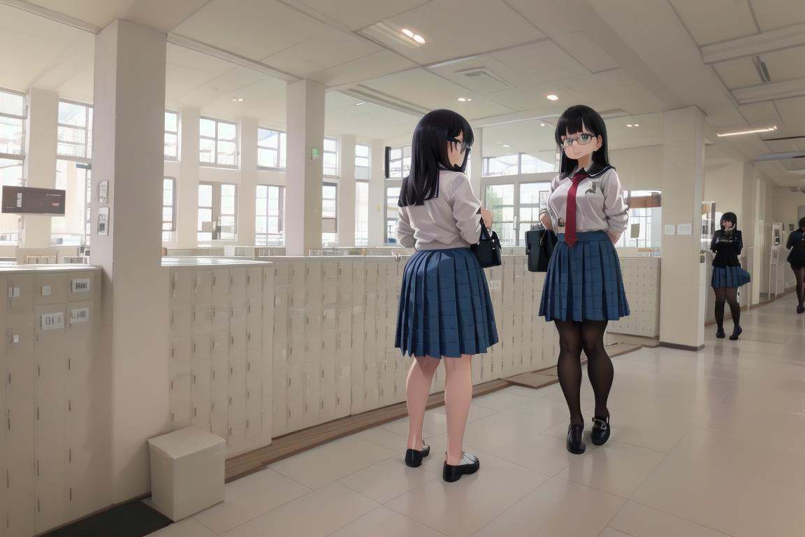 best quality, ultra-detailed, illustration,multiple girls, glasses, black hair, long hair, standing, red necktie, pantyhose, white shirt, shoes, school uniform, blue skirt, collared shirt,getabako, scenery, window, indoors, building, door, tree, day <lora:getabako2_SD15_V1:1>
