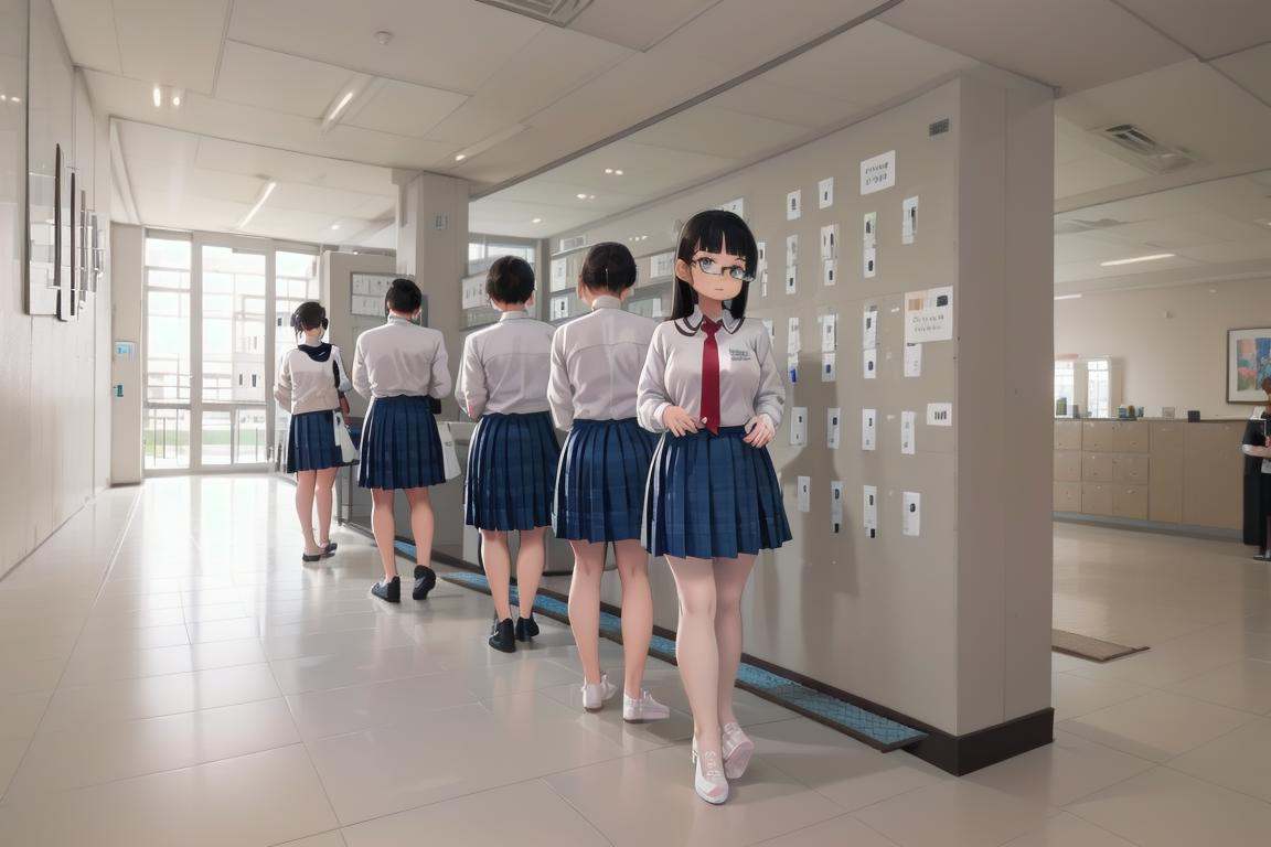 best quality, ultra-detailed, illustration,multiple girls, glasses, black hair, long hair, standing, red necktie, pantyhose, white shirt, shoes, school uniform, blue skirt, collared shirt,getabako, scenery, window, indoors, building, door, tree, day <lora:getabako2_SD15_V1:1>