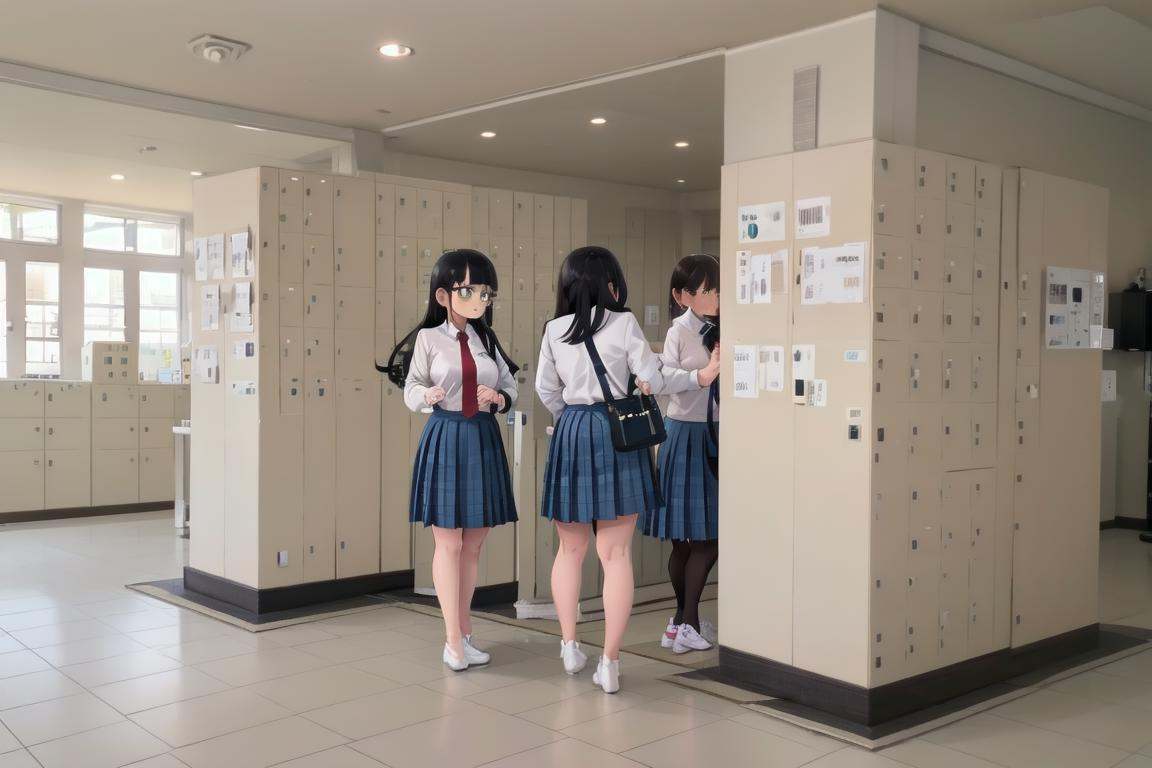 best quality, ultra-detailed, illustration,multiple girls, glasses, black hair, long hair, standing, red necktie, pantyhose, white shirt, shoes, school uniform, blue skirt, collared shirt,getabako, scenery, window, indoors, building, door, tree, day <lora:getabako2_SD15_V1:1>