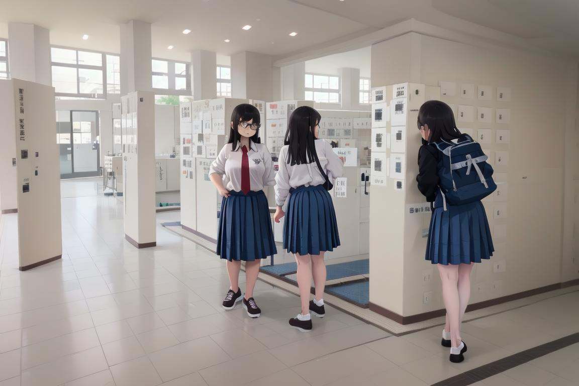 best quality, ultra-detailed, illustration,multiple girls, glasses, black hair, long hair, standing, red necktie, pantyhose, white shirt, shoes, school uniform, blue skirt, collared shirt,getabako, scenery, window, building, door <lora:getabako2_SD15_V1:1>