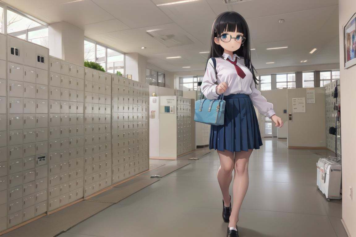 best quality, ultra-detailed, illustration,multiple girls, glasses, black hair, long hair, standing, red necktie, pantyhose, white shirt, shoes, school uniform, blue skirt, collared shirt,getabako, scenery, locker, indoors, school, window, hallway, ceiling light, sunlight, ceiling, tiles, reflective floor, tile floor, door, <lora:getabako2_SD15_V1:1>