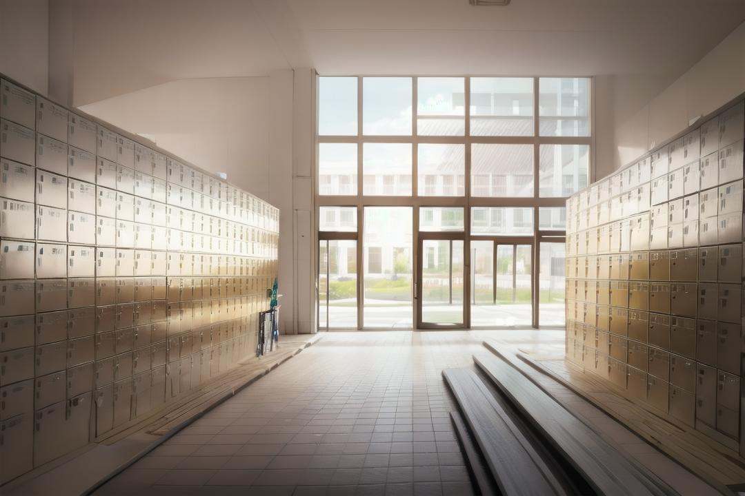 best quality, ultra-detailed, illustration,getabako, scenery, locker, indoors, school, window, hallway, ceiling light, sunlight, ceiling, tiles, reflective floor, tile floor, door<lora:getabako2_SD15_V2:1>