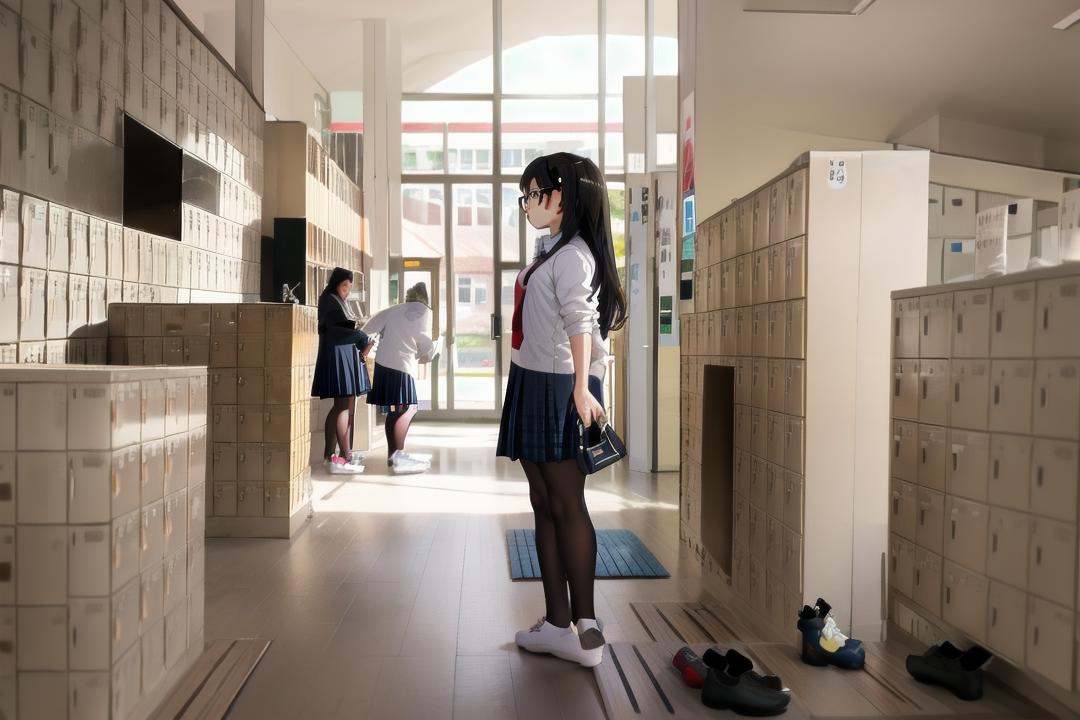 best quality, ultra-detailed, illustration,getabako, scenery, window, indoors, building, door, tree, day,multiple girls, glasses, black hair, long hair, standing, red necktie, pantyhose, white shirt, shoes, school uniform, blue skirt, collared shirt,<lora:getabako2_SD15_V2:1>