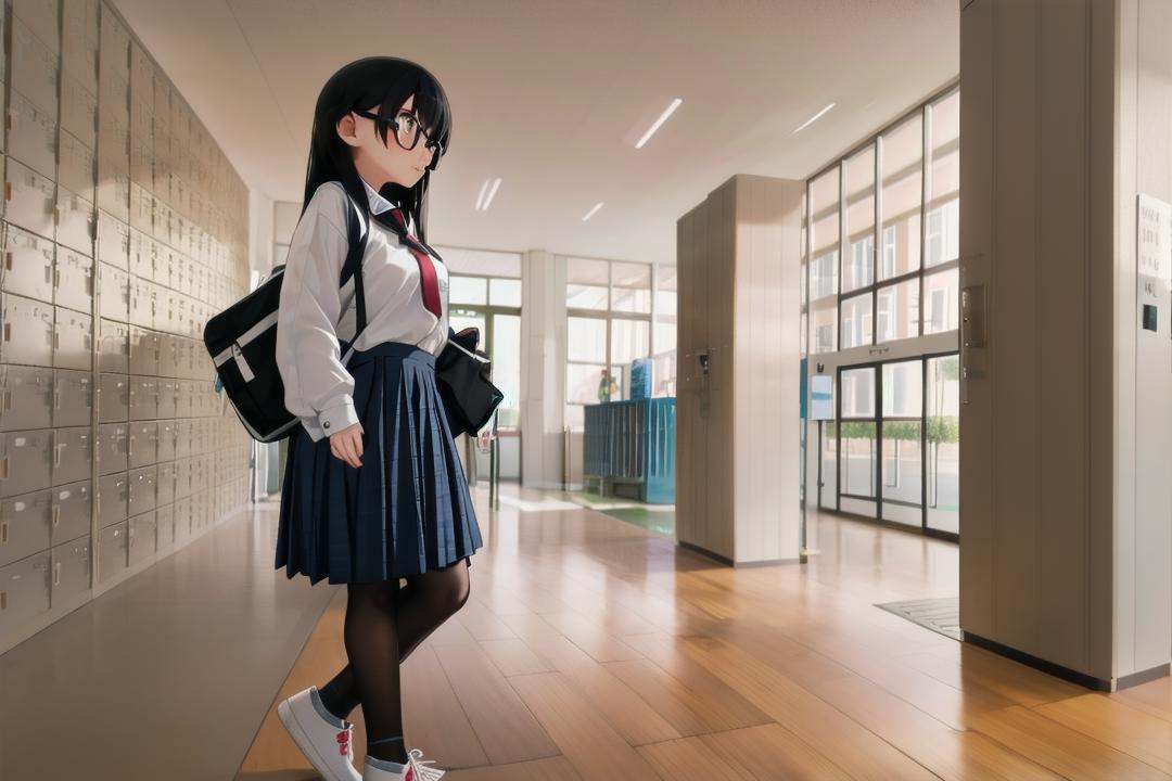 best quality, ultra-detailed, illustration,getabako, scenery, window, indoors, building, door, tree, day,multiple girls, glasses, black hair, long hair, standing, red necktie, pantyhose, white shirt, shoes, school uniform, blue skirt, collared shirt,<lora:getabako2_SD15_V2:1>