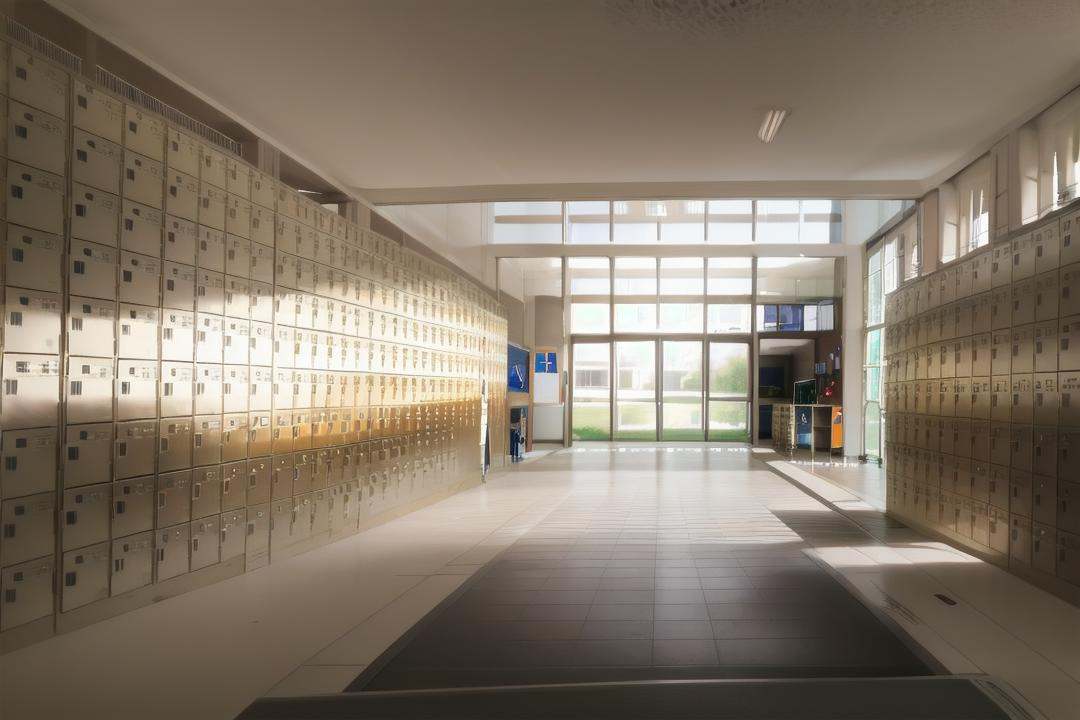 best quality, ultra-detailed, illustration,getabako, scenery, locker, indoors, school, window, hallway, ceiling light, sunlight, ceiling, tiles, reflective floor, tile floor, door<lora:getabako2_SD15_V2:1>