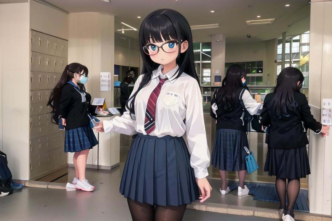 best quality, ultra-detailed, illustration,getabako, scenery, window, indoors, building, door, tree, day,multiple girls, glasses, black hair, long hair, standing, red necktie, pantyhose, white shirt, shoes, school uniform, blue skirt, collared shirt,<lora:getabako2_SD15_V2:1>