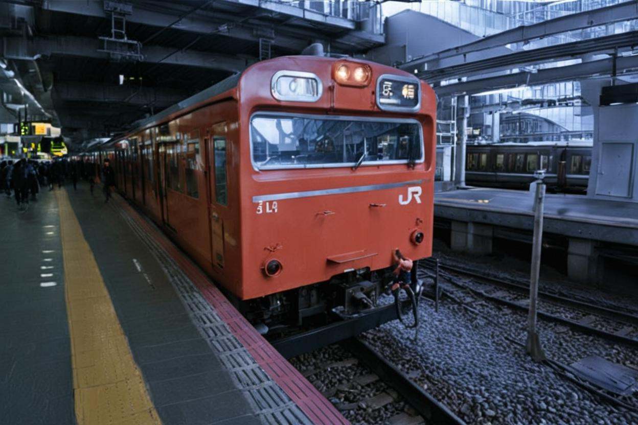 cinematic photo best quality, ultra-detailed, illustration,JRE103, train, train station, railroad tracks, outdoors, real world location, photo background, 1boy, realistic, standing, scenery, headlight <lora:osaka_loop_linie_103_SDXL_V1:1> <lora:offset_0.2:0.5> . 35mm photograph, film, bokeh, professional, 4k, highly detailed
