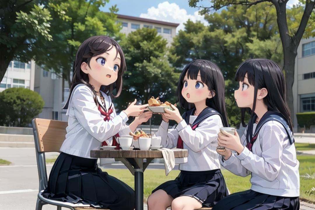 best quality, ultra-detailed, illustration,nakaniwa, multiple girls, school uniform, tree, black hair, serafuku, outdoors, skirt, table, sitting, sailor collar, eating, food, day, building, cup <lora:nakaniwa_SD15_V2:0.6>
