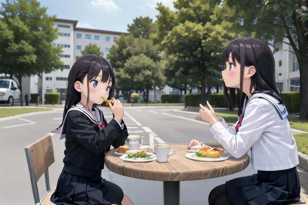 best quality, ultra-detailed, illustration,nakaniwa, multiple girls, school uniform, tree, black hair, serafuku, outdoors, skirt, table, sitting, sailor collar, eating, food, day, building, cup <lora:nakaniwa_SD15_V2:0.6>