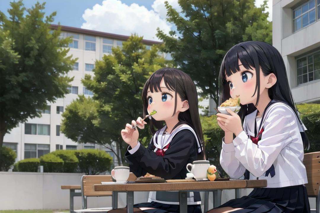 best quality, ultra-detailed, illustration,nakaniwa, multiple girls, school uniform, tree, black hair, serafuku, outdoors, skirt, table, sitting, sailor collar, eating, food, day, building, cup <lora:nakaniwa_SD15_V2:0.6>