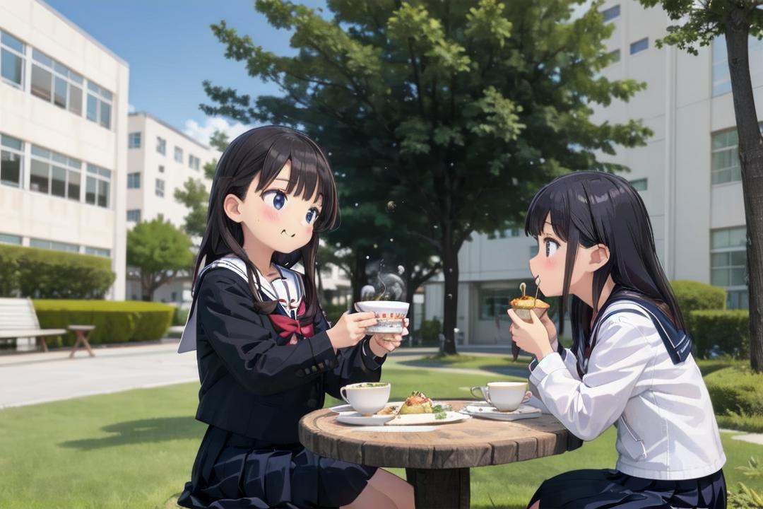 best quality, ultra-detailed, illustration,nakaniwa, multiple girls, school uniform, tree, black hair, serafuku, outdoors, skirt, table, sitting, sailor collar, eating, food, day, building, cup <lora:nakaniwa_SD15_V2:0.6>