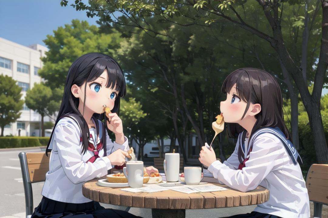 best quality, ultra-detailed, illustration,nakaniwa, multiple girls, school uniform, tree, black hair, serafuku, outdoors, skirt, table, sitting, sailor collar, eating, food, day, building, cup <lora:nakaniwa_SD15_V2:0.6>
