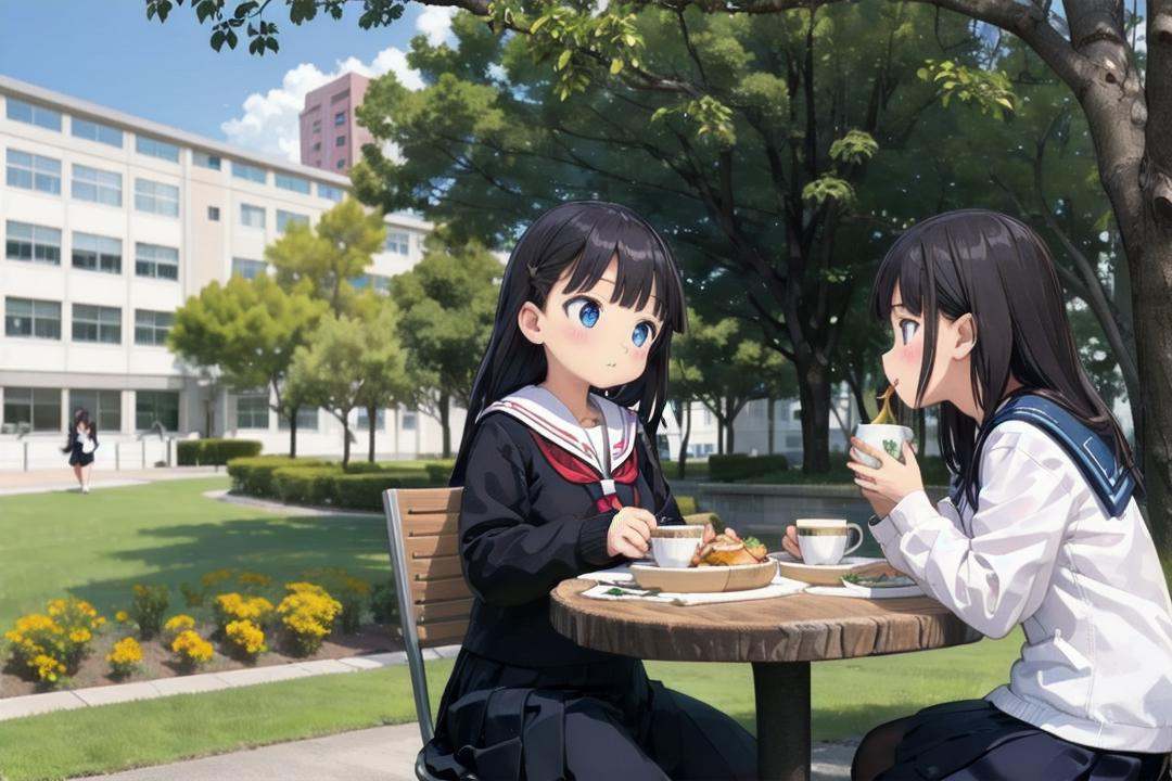 best quality, ultra-detailed, illustration,nakaniwa, multiple girls, school uniform, tree, black hair, serafuku, outdoors, skirt, table, sitting, sailor collar, eating, food, day, building, cup <lora:nakaniwa_SD15_V2:0.6>
