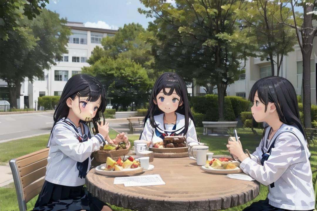 best quality, ultra-detailed, illustration,nakaniwa, multiple girls, school uniform, tree, black hair, serafuku, outdoors, skirt, table, sitting, sailor collar, eating, food, day, building, cup <lora:nakaniwa_SD15_V2:0.8>