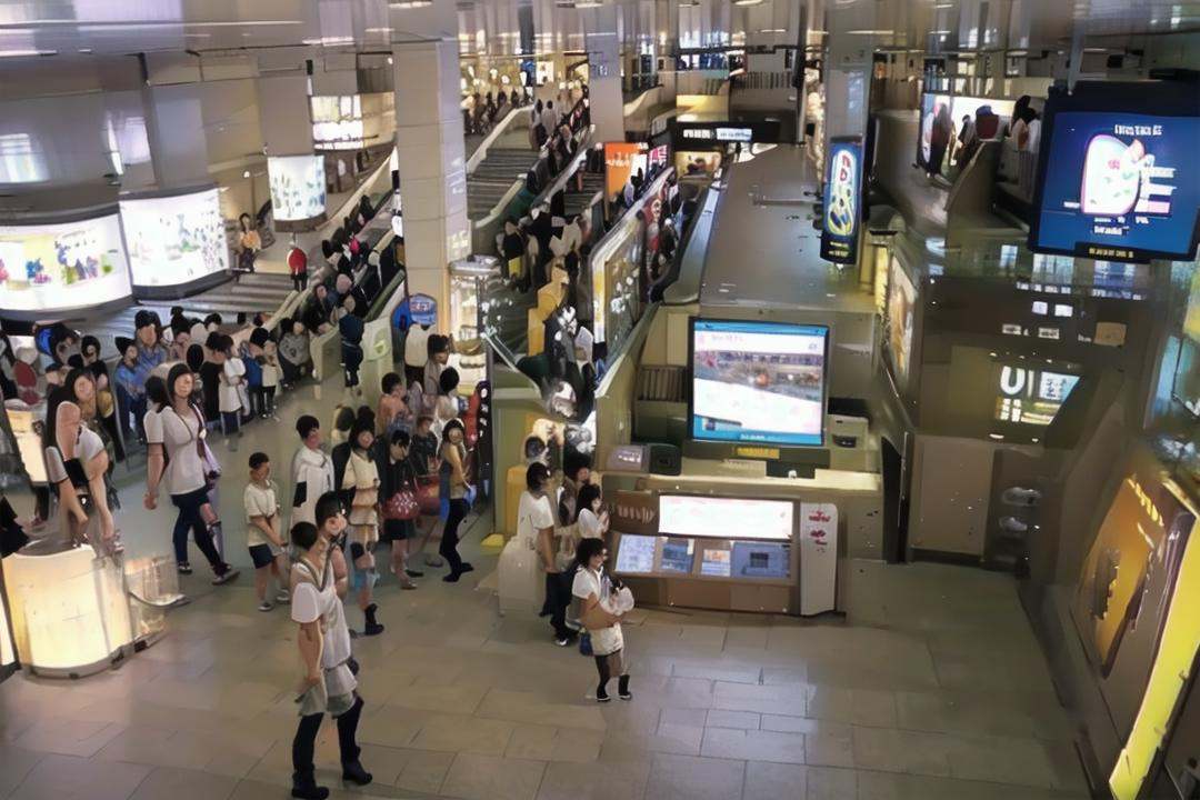 best quality, ultra-detailed, illustration,umedabm, scenery, photo background, 6+boys, crowd, blurry, real world location, people, indoors, ceiling, ceiling light, from above <lora:umeda_bigman_SD15_V1:1>