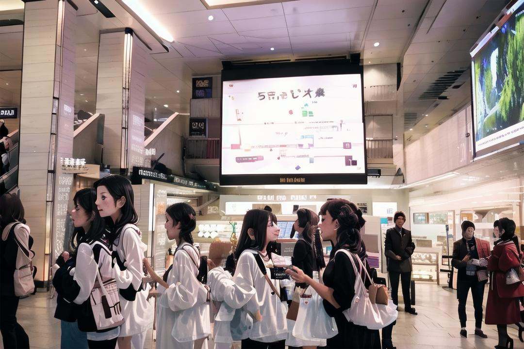 best quality, ultra-detailed, illustration,umedabm, scenery, multiple girls, realistic, bag, crowd, 6+girls, multiple boys, black hair, real world location, long hair, 6+boys, indoors, ceiling, ceiling light <lora:umeda_bigman_SD15_V1:1>