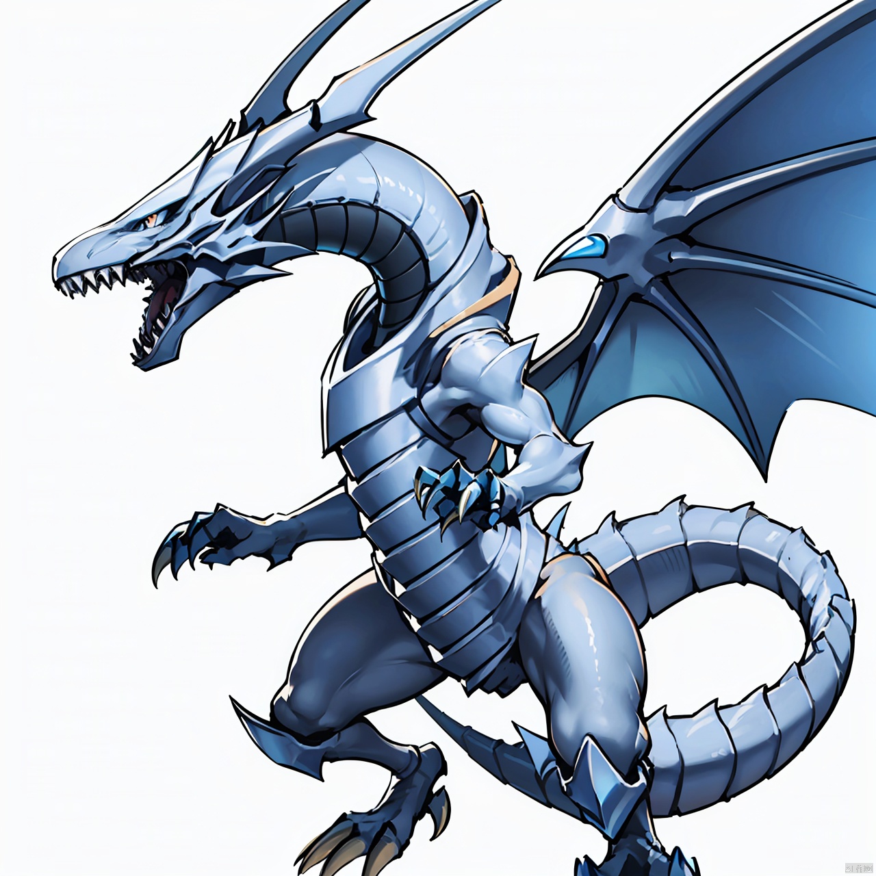  masterpiece, best quality,青眼白龙, solo, blue eyes, tail, wings, teeth, no humans, sharp teeth, claws, dragon, duel monster, simple background, white background, 