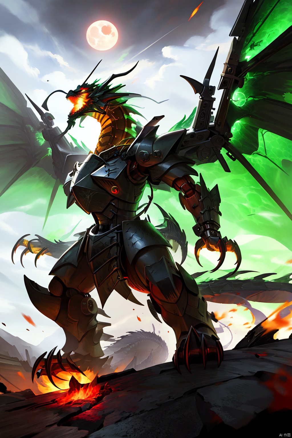 holding, weapon, wings, teeth,holding weapon, armor, no humans, glowing, moon, fire, robot, glowing eyes, claws, monster,dragon