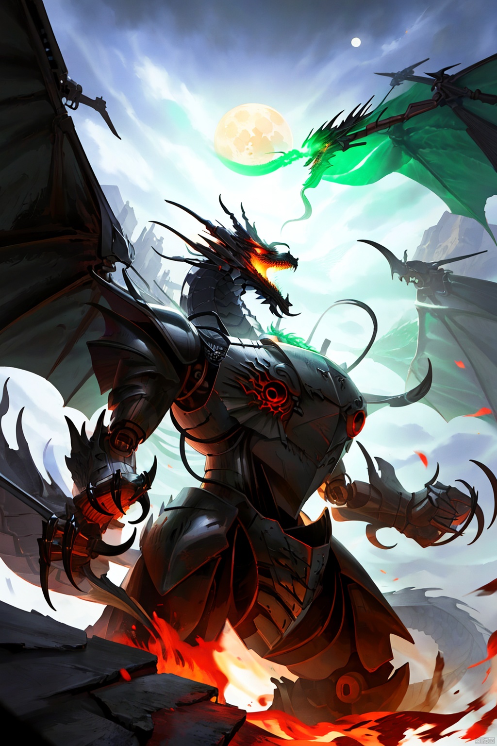 holding, weapon, wings, teeth,holding weapon, armor, no humans, glowing, moon, fire, robot, glowing eyes, claws, monster,dragon