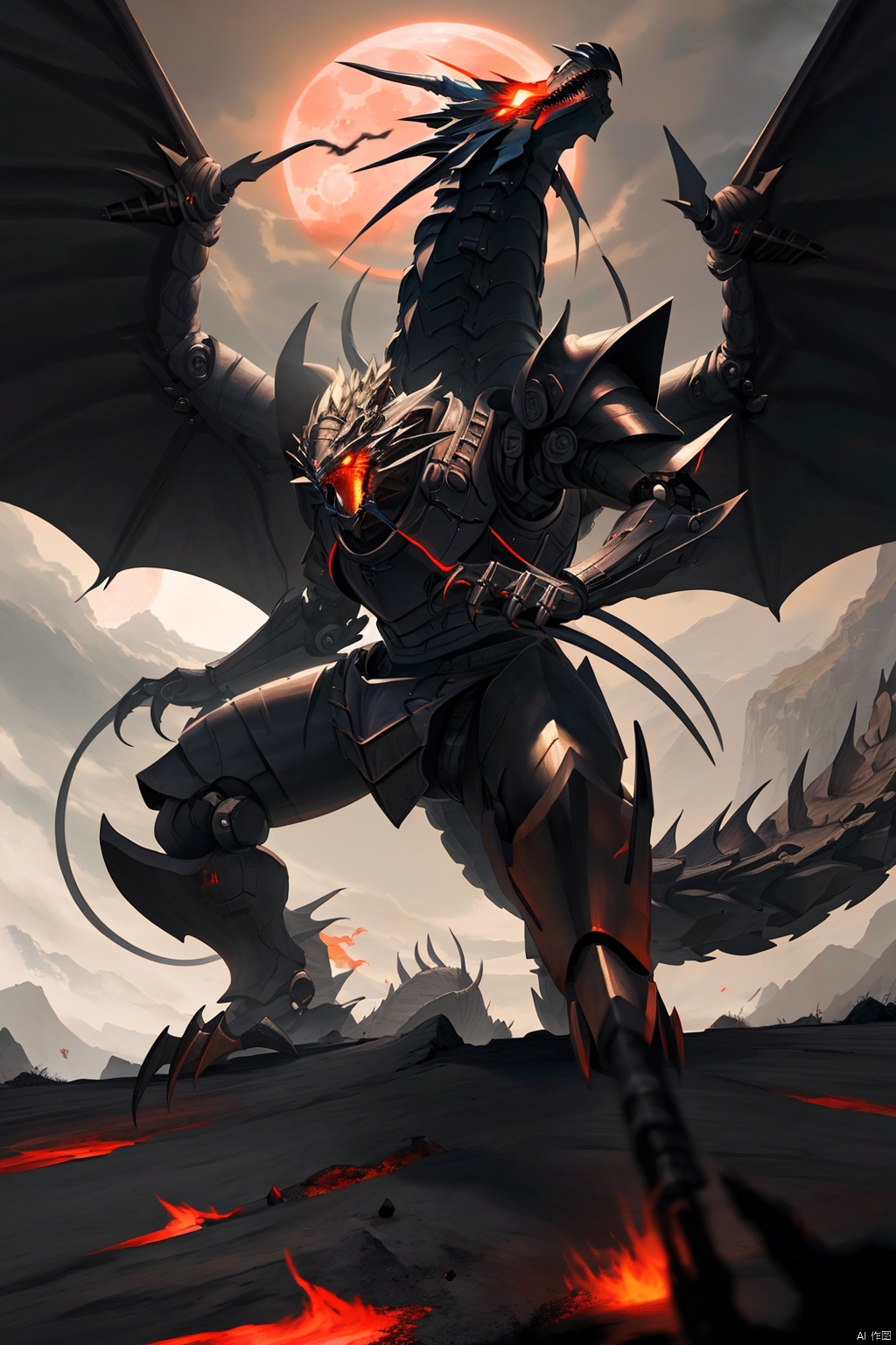 holding, weapon, wings, teeth,holding weapon, armor, no humans, glowing, moon, fire, robot, glowing eyes, claws, monster,dragon