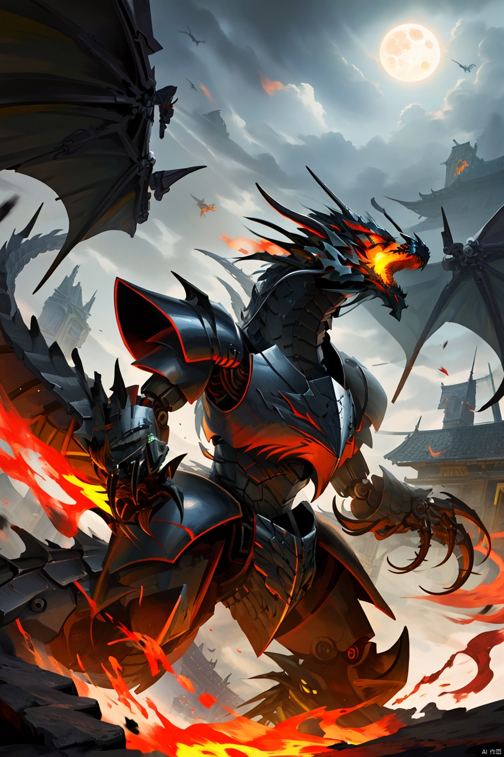 holding, weapon, wings, teeth,holding weapon, armor, no humans, glowing, moon, fire, robot, glowing eyes, claws, monster,dragon