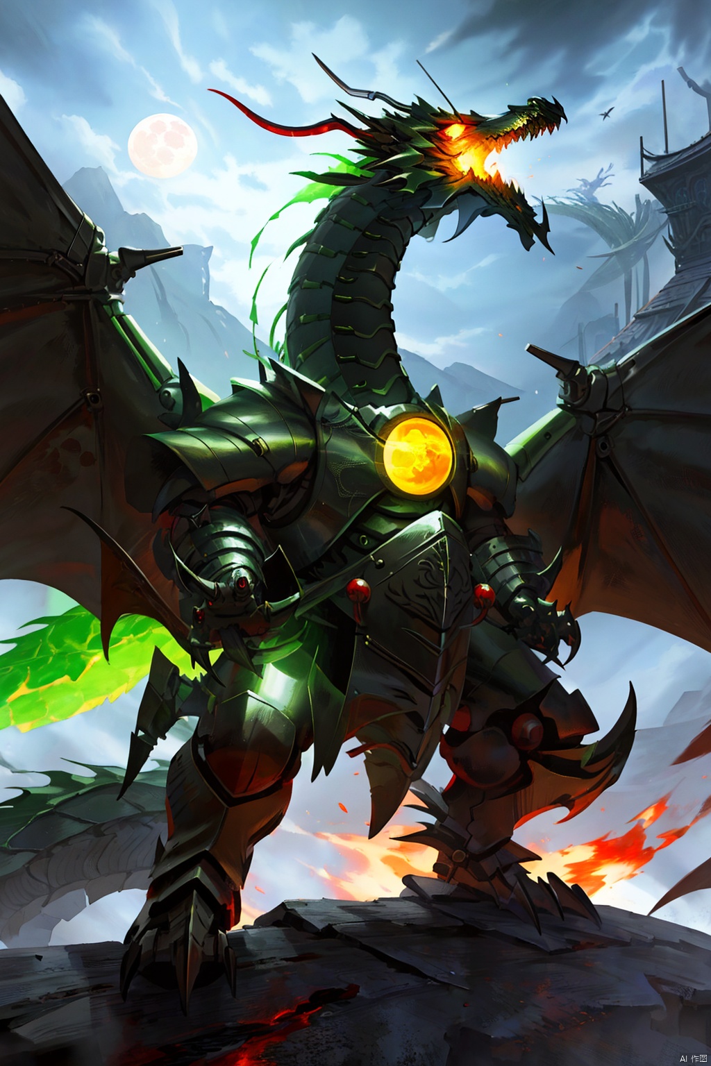 holding, weapon, wings, teeth,holding weapon, armor, no humans, glowing, moon, fire, robot, glowing eyes, claws, monster,dragon girl