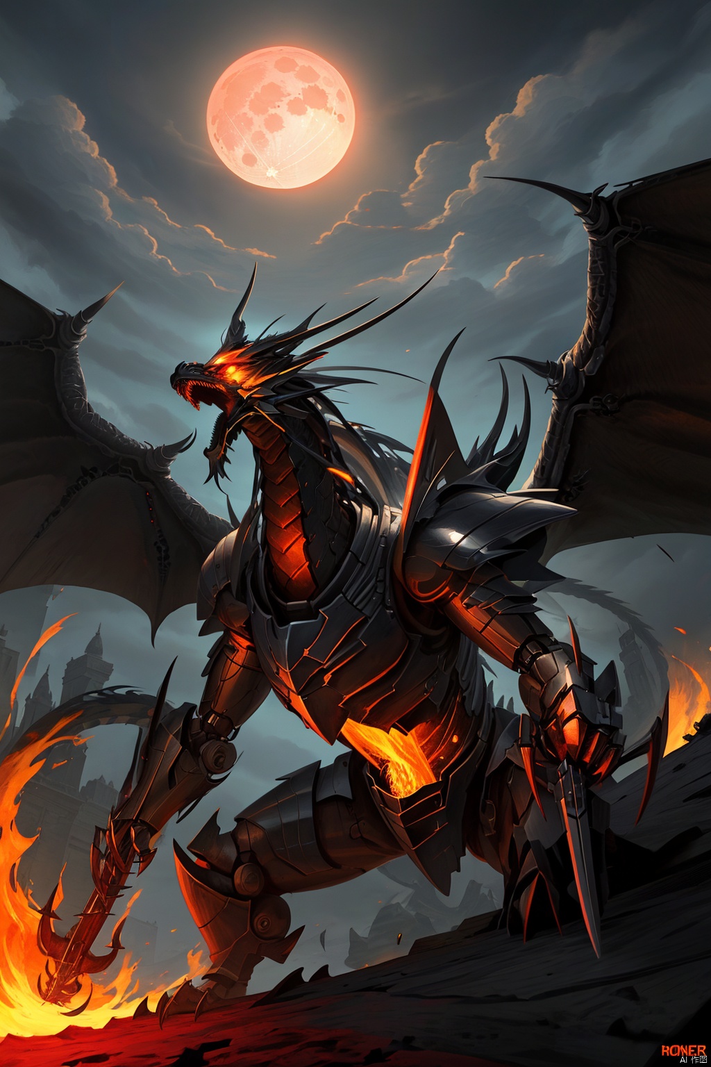 holding, weapon, wings, teeth,holding weapon, armor, no humans, glowing, moon, fire, robot, glowing eyes, claws, monster,dragon