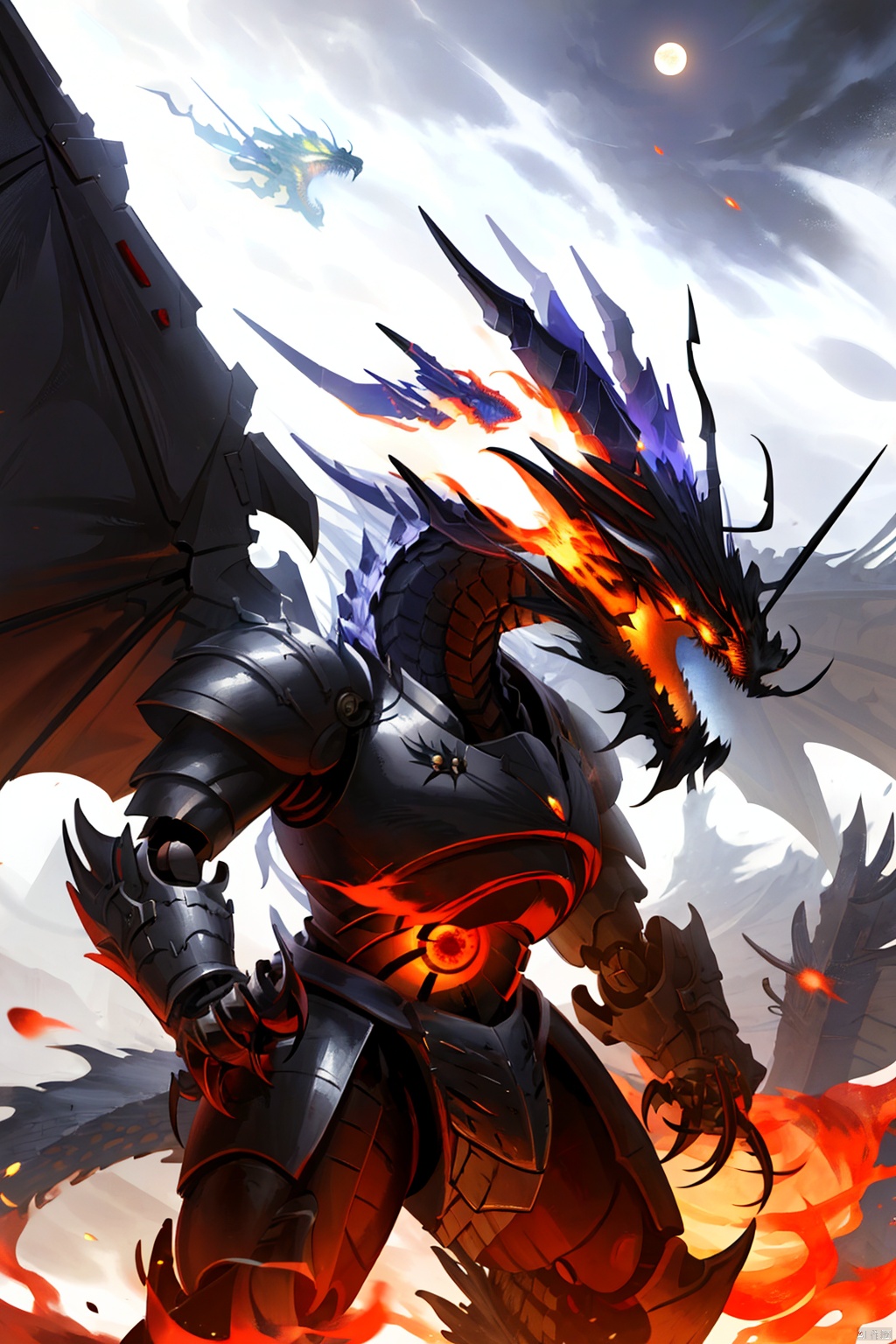 holding, weapon, wings, teeth,holding weapon, armor, no humans, glowing, moon, fire, robot, glowing eyes, claws, monster,dragon girl