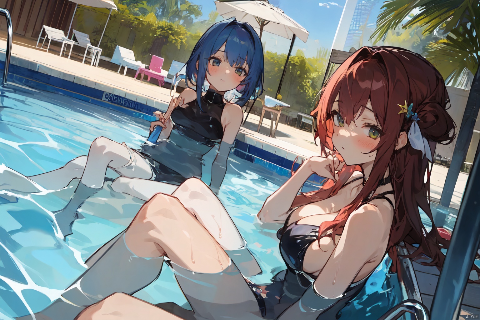 Three girls,  Low viewing angle,  Pool party on Tensor.Art