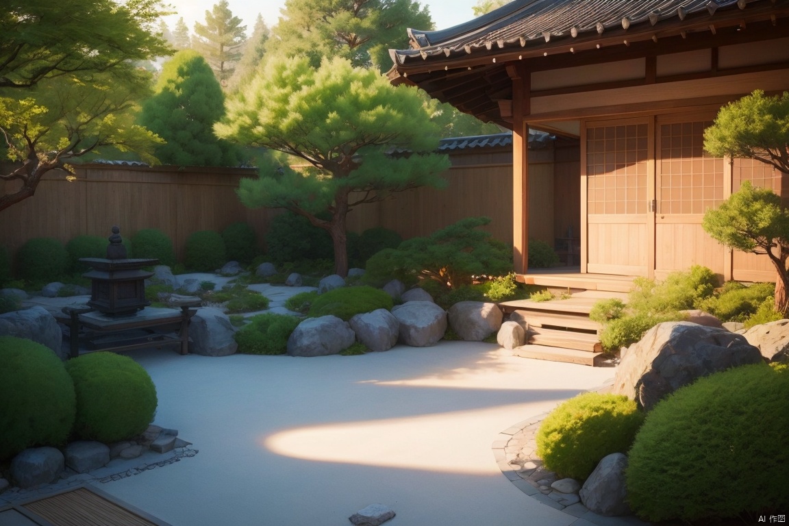 Beautiful Japanese garden, corner of dry landscape, beautiful garden, ((Best quality)),((Best quality)),((realistic)),((exterior view)),photo realistic,(masterpiece),orante,super detailed,intricate,photo like image quality