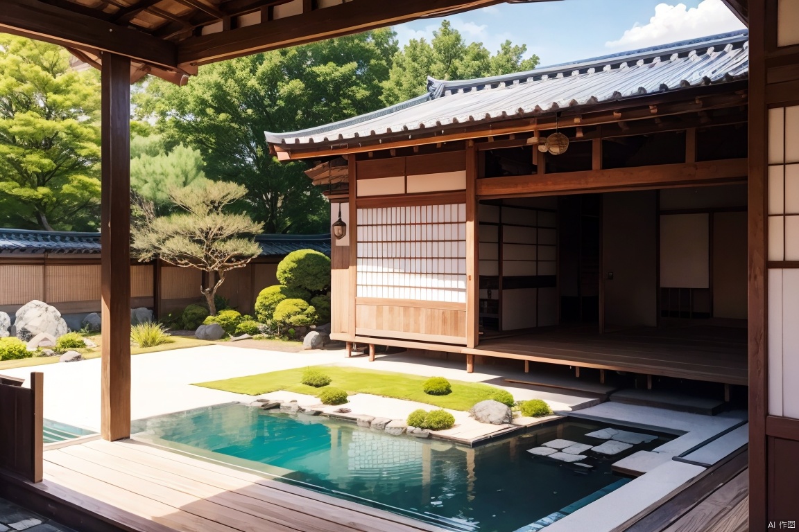 outdoors, sky, day, water, tree, blue sky, no humans, cherry blossoms, scenery, fish, architecture, east asian architecture, goldfish, pond, koi,Beautiful Japanese garden, corner of dry landscape, beautiful garden, ((Best quality)),((Best quality)),((realistic)),((exterior view)),photo realistic,(masterpiece),orante,super detailed,intricate,photo like image quality