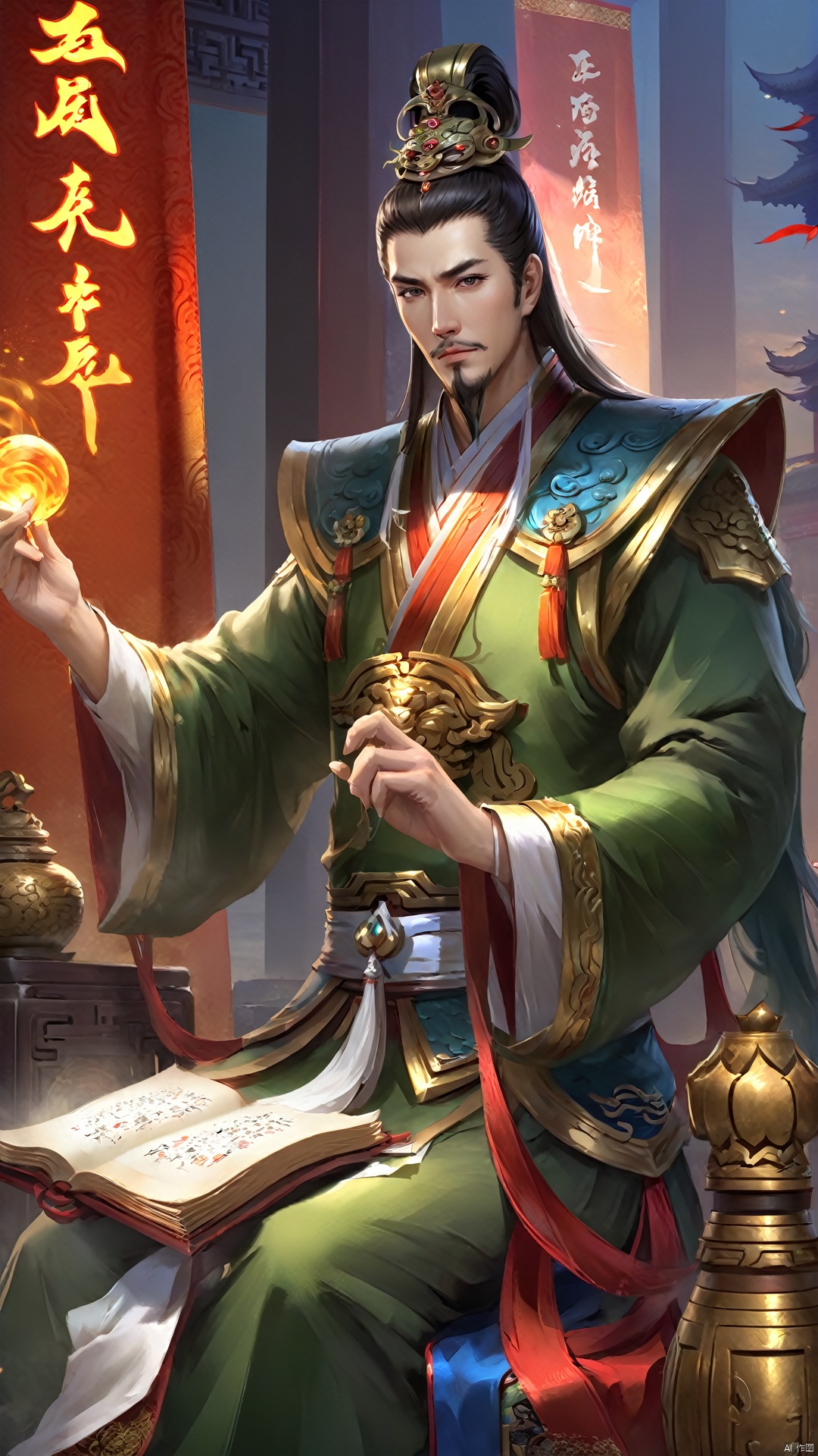  (Chinese Ancient Military Commander) Game CG, a handsome scribe with a square face sitting upright, with a sharp angular face and neat hairstyle. He is dressed in flamboyant scribe's attire, and his eyes reveal elegance and depth.