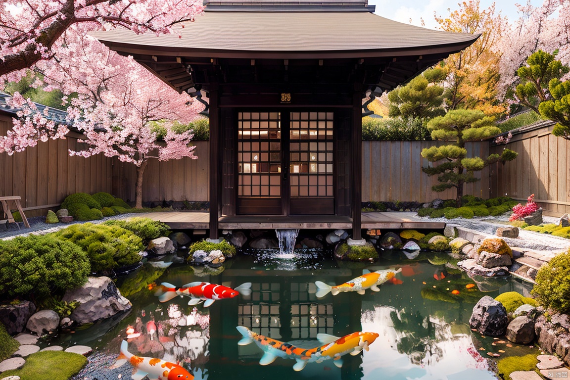 outdoors, sky, day, water, tree, blue sky, no humans, cherry blossoms, scenery, fish, architecture, east asian architecture, goldfish, pond, koi,Beautiful Japanese garden, corner of dry landscape, beautiful garden, ((Best quality)),((Best quality)),((realistic)),((exterior view)),photo realistic,(masterpiece),orante,super detailed,intricate,photo like image quality