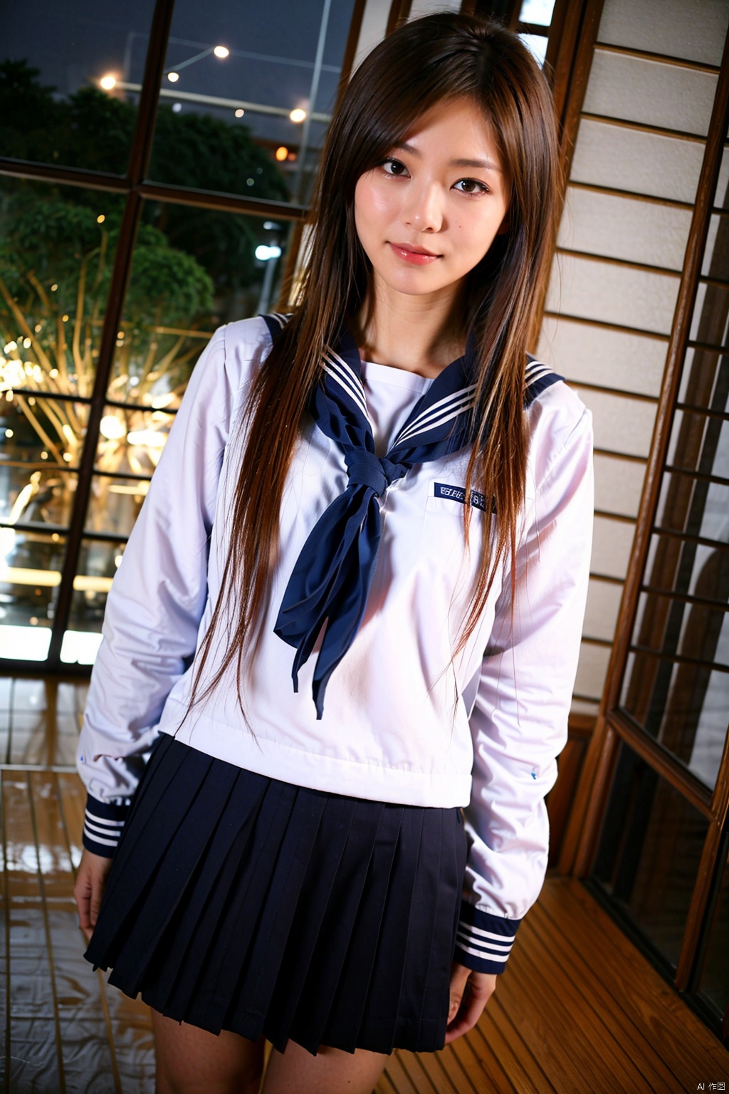 (masterpiece,best quality:1.5), ultra realistic,1girl, long hair, straight hair, portrait, mysterious forest, firefly, bokeh, mysterious, night, sky, cloud,  sailor suit