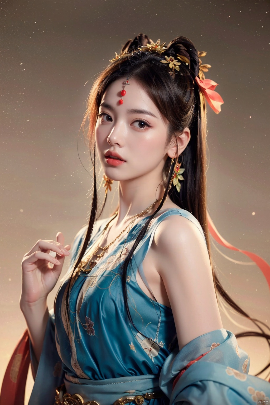 (masterpiece,best quality:1.5), ultra realistic,1girl, long hair, straight hair, portrait, mysterious forest, firefly, bokeh, mysterious, night, sky, cloud, dunhuang