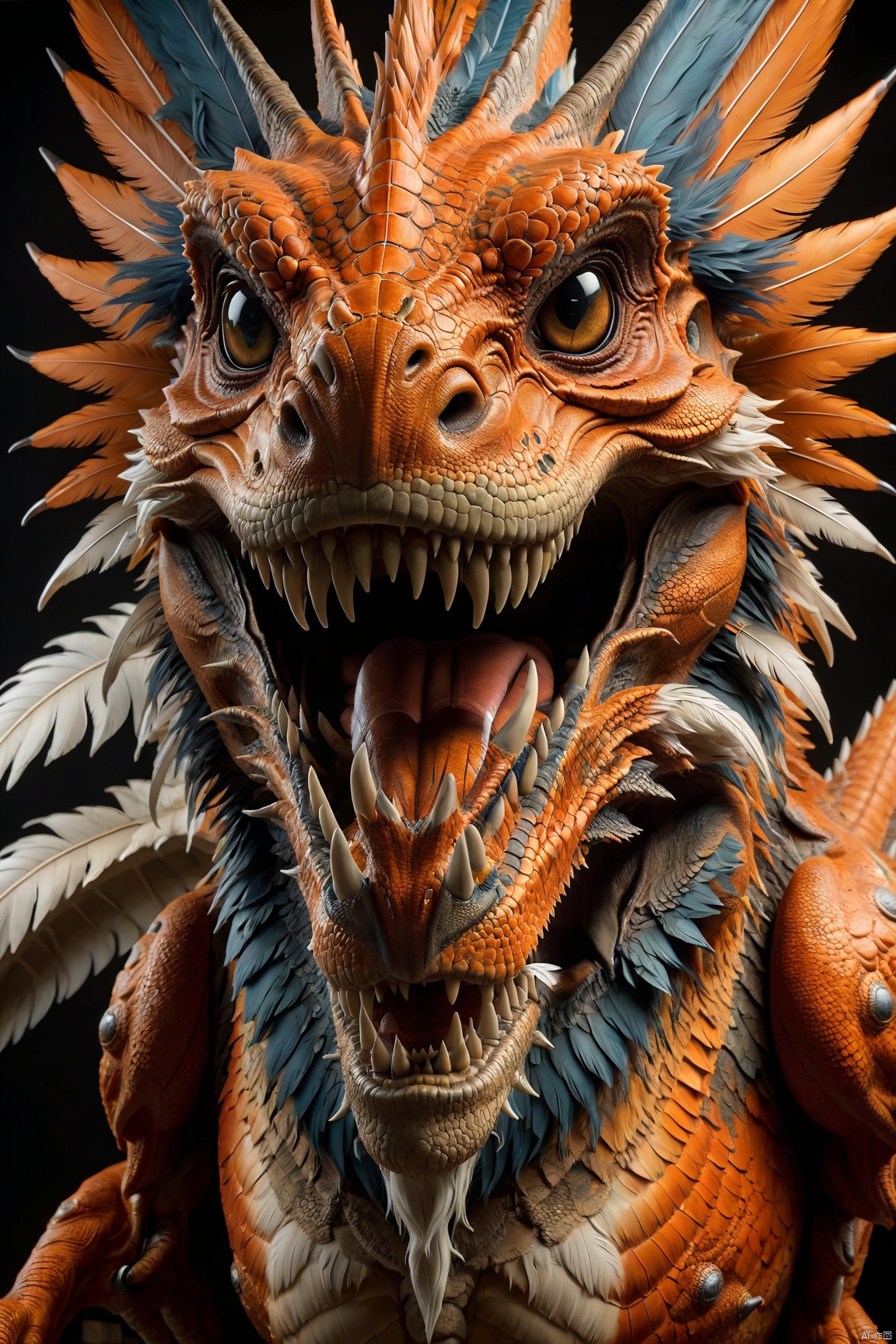  dinosaur, beautiful feathers, scary teeth, ((Best quality)), ((Best quality)), ((Best quality)), ((realistic)), ((exterior view)), photo realistic, (masterpiece), orante, super detailed, intricate, photo like image quality, ral-friedegg, ral-symetrical