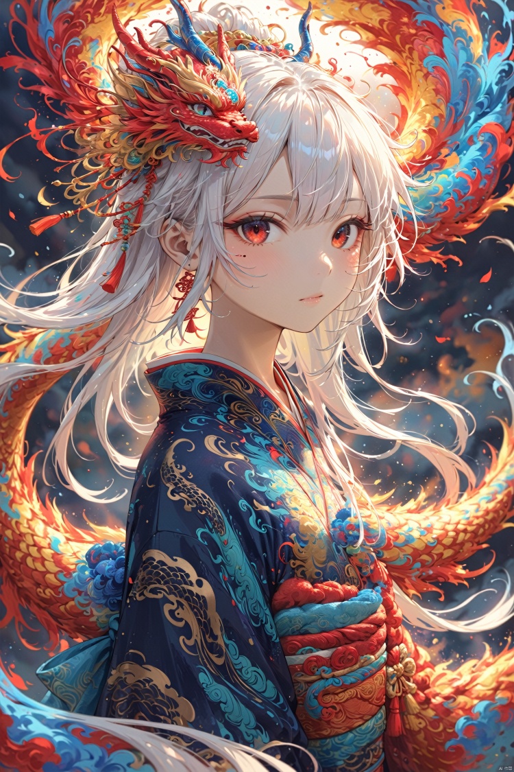 (masterpiece), (best quality),(illustration), looking at viewer,colorful,from side,((chinese colorful ink)),flat color, (1girl:1.2),detailed long white hair + red eyes,detailed face, half body, (white hair:1.4), (mole under eye:0.9), squinting,eyeshadow, hair ornament, small breasts,((kimono)), cold face,long floating hair,,hair over one eye\\, (masterpiece), (best quality),(illustration),(portrait),((ink splashing)),((chinese colorful ink)), ((Chinese color ink painting style)) 1girl,loli,upper body,(white hair +red eyes),(cute face:0.95),(detailed beautiful face:0.95),colorful painting, (inside red fire AND (blue fire)),eyes<light>,inner red hair,circular fan background (Floating),(illustration),(Amazing),(Absurd),((sharp focus)), ((extremely detailed)), ((high saturation)),((surrounded by color ink splashes)),((extremely detailed body)),((colorful)) , eastern dragon