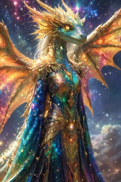 Colorful costumes, Standing posture, Anthropomorphism, National style, Female dragon image, Powerful, Tender, Aesthetic, Heal, Mysterious power, Metallic scales, Shine in cosmic brilliance, Laser eye, Gamma ray eye, wisdom, Strength, Guide the growth and progress of the crypto space, Fly, Bless, Revelation, change, Stand upright, particles, 