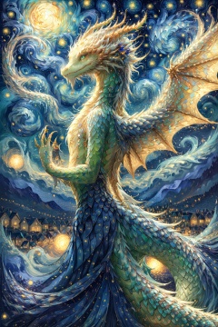  a dragon, beautiful and glamorous dragon with her back to the viewer, (Van Gogh's starry night), dreams,  Particularly authentic style, (masterpiece)
