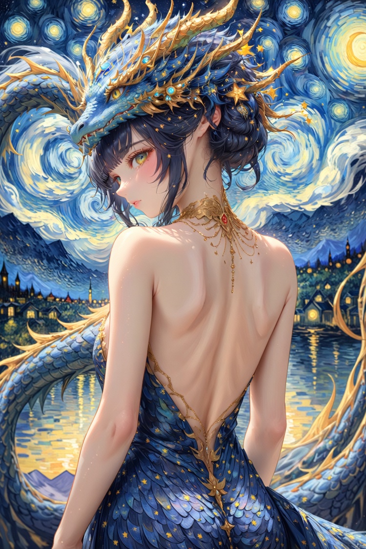  a girl, Dragon head decoration, beautiful and glamorous dragon with her back to the viewer, (Van Gogh's starry night), dreams, Particularly authentic style, (masterpiece)