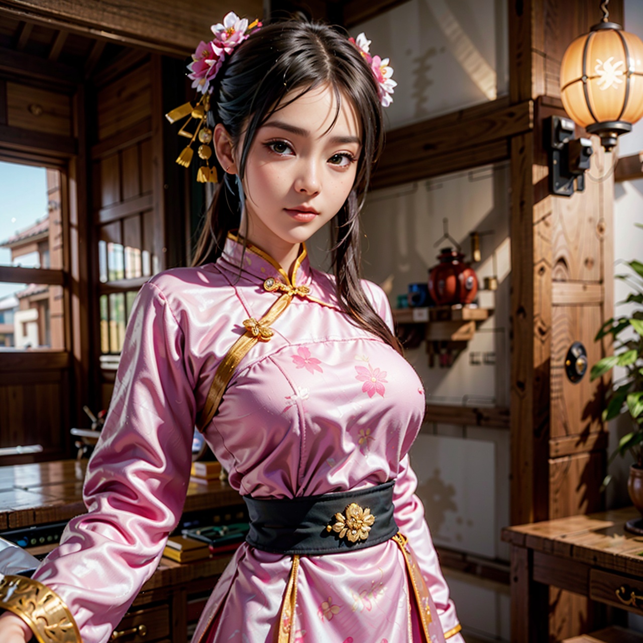 There is a cartoon in dress,  Chinese dress,  hanbok apron on Tensor.Art