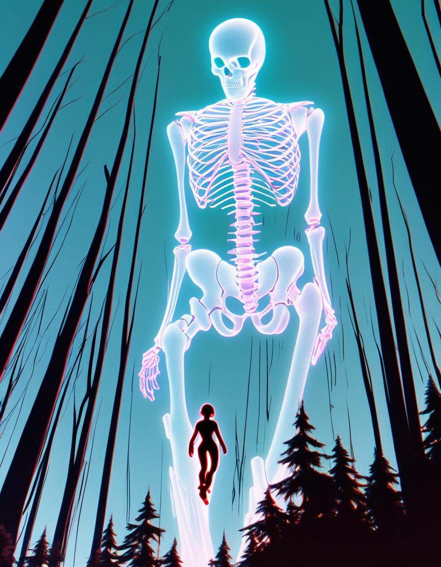 wide angle view, far zoom,   (split screen overlay , glitch, x-ray view:1.3),   ,<lora:xray:1>beam of LED laser light illuminating a   woman paratrooper descending into  forest, dynamic action angles, speed lines, chromatic aberration , in the style of robotech classic 1980's anime , skeletal view,, <lora:add-detail-xl:.4>intricate detail