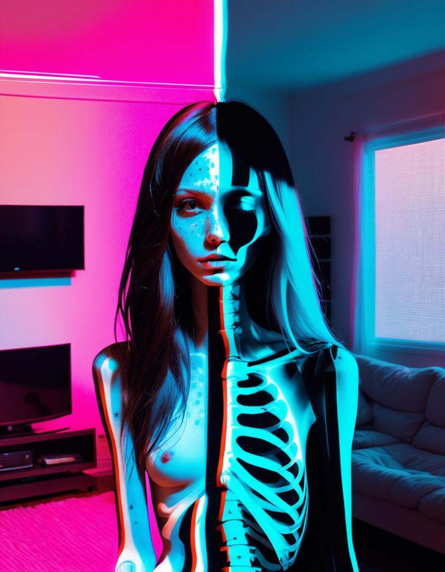 glitched misaligned photo with x-ray view, split screen image of eclipse overlay,  , ,,relaxing in messy house living room, very skinny woman with  black/white split dye long hair, heavy freckles, distorted image, neon LED geometric burn ins  , , light leaks, <lora:xray:1>