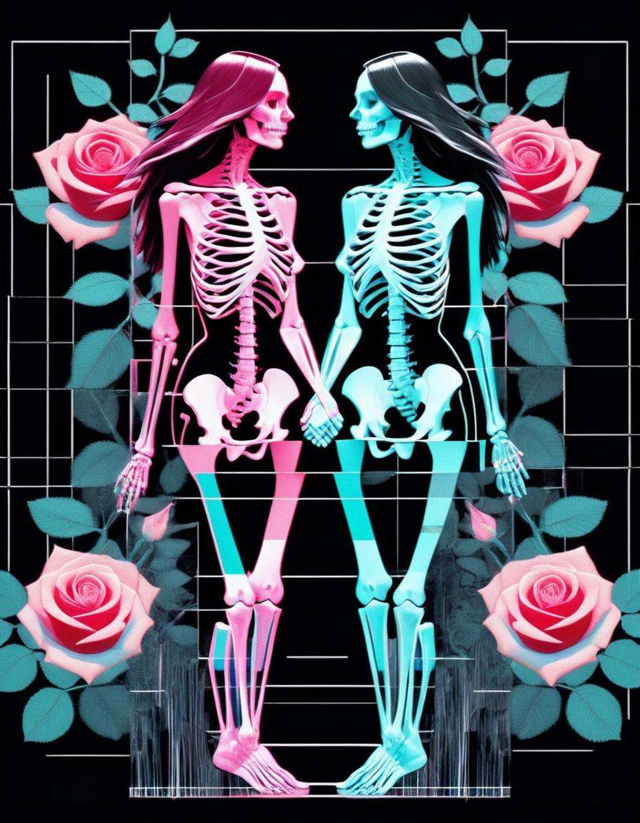 (split screen overlay , glitch, x-ray view:1.3), ,<lora:xray:1>cubist art style, , patch work glitched background (glitch split screen misaligned , overlay collage of geometric images:1.2), ,cubist slender stylish skeletal figure two woman walking through in a glitched digital misaligned broken image of a rose garden , holding hands, , , pixelation 